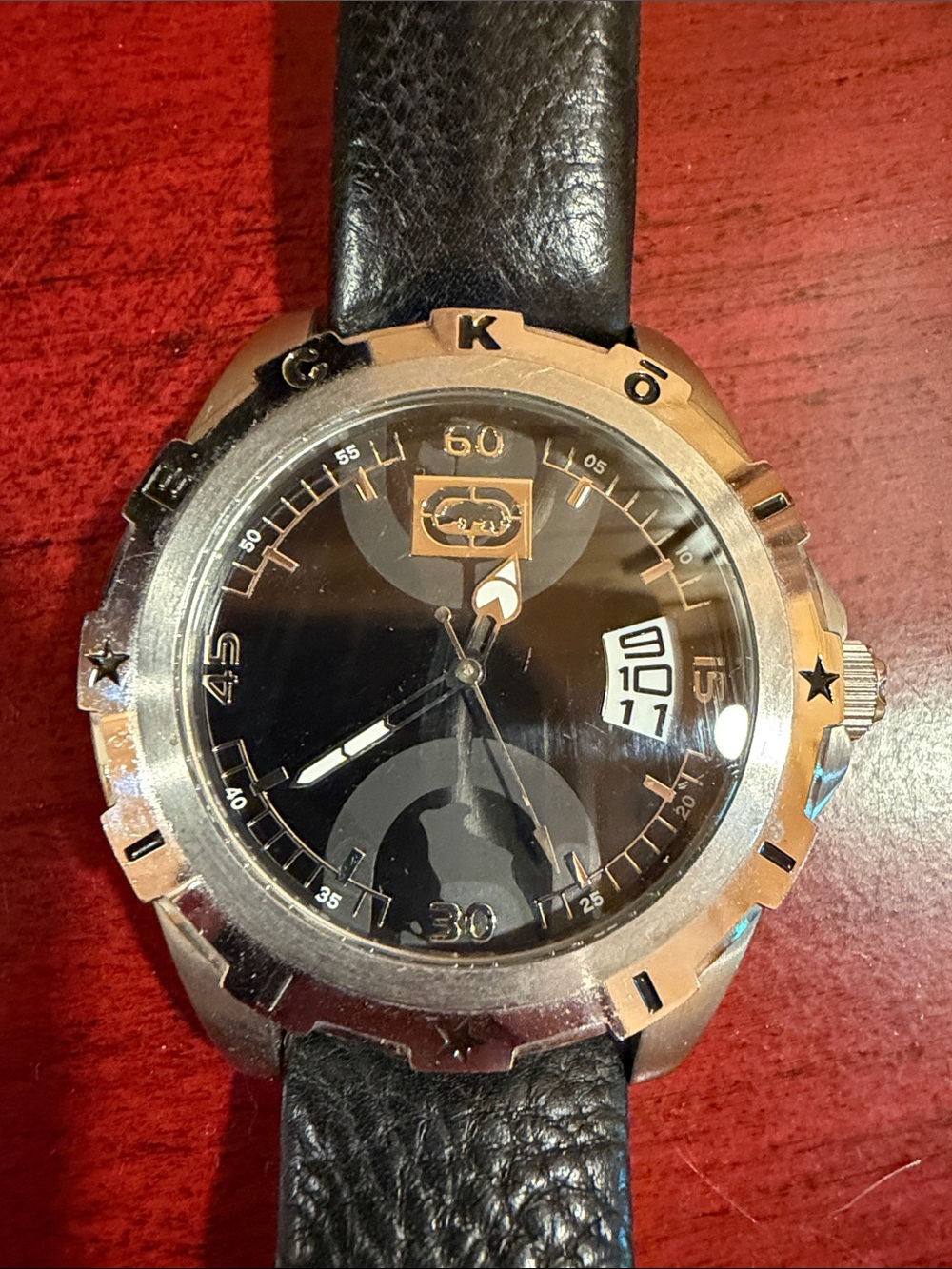 Marc Ecko Unltd. Vintage Black Dial Rhino Watch with Black Leather Strap EUC.